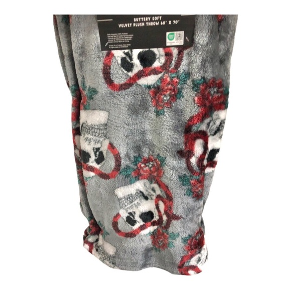 Skull serpent red roses printed‎ gray soft velvet plush throw blanket new - Picture 9 of 11